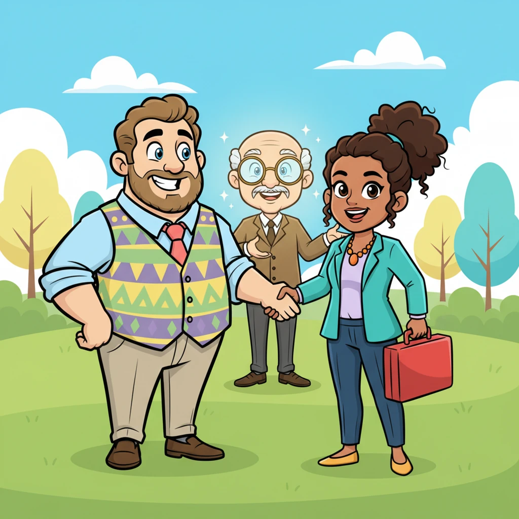 With their true interests understood, Keith and Haley saw the fairness in the solution. They shook hands with broad smiles, their earlier grumpiness completely replaced by cheerful understanding. Barnaby beamed, his eyes twinkling behind his spectacles, as if conjuring a magical resolution.