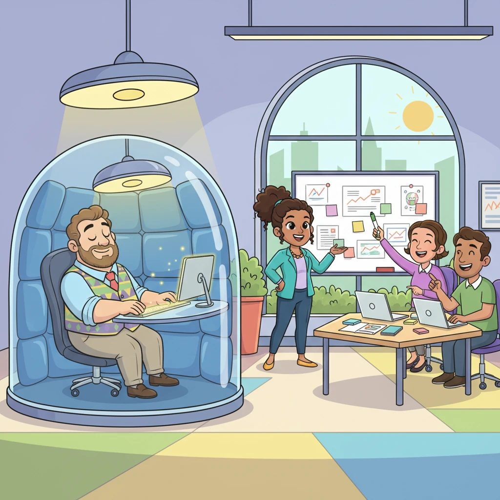 Weeks later, Keith was happily immersed in his cozy, soundproofed Focus Pod, a contented smile on his face as he worked under his sun-mimicking lamp. Nearby, Haley led a dynamic brainstorming session in the vibrant Collaboration Hub, her team buzzing with energy, the city view inspiring their every idea. Everyone was productive and perfectly content.