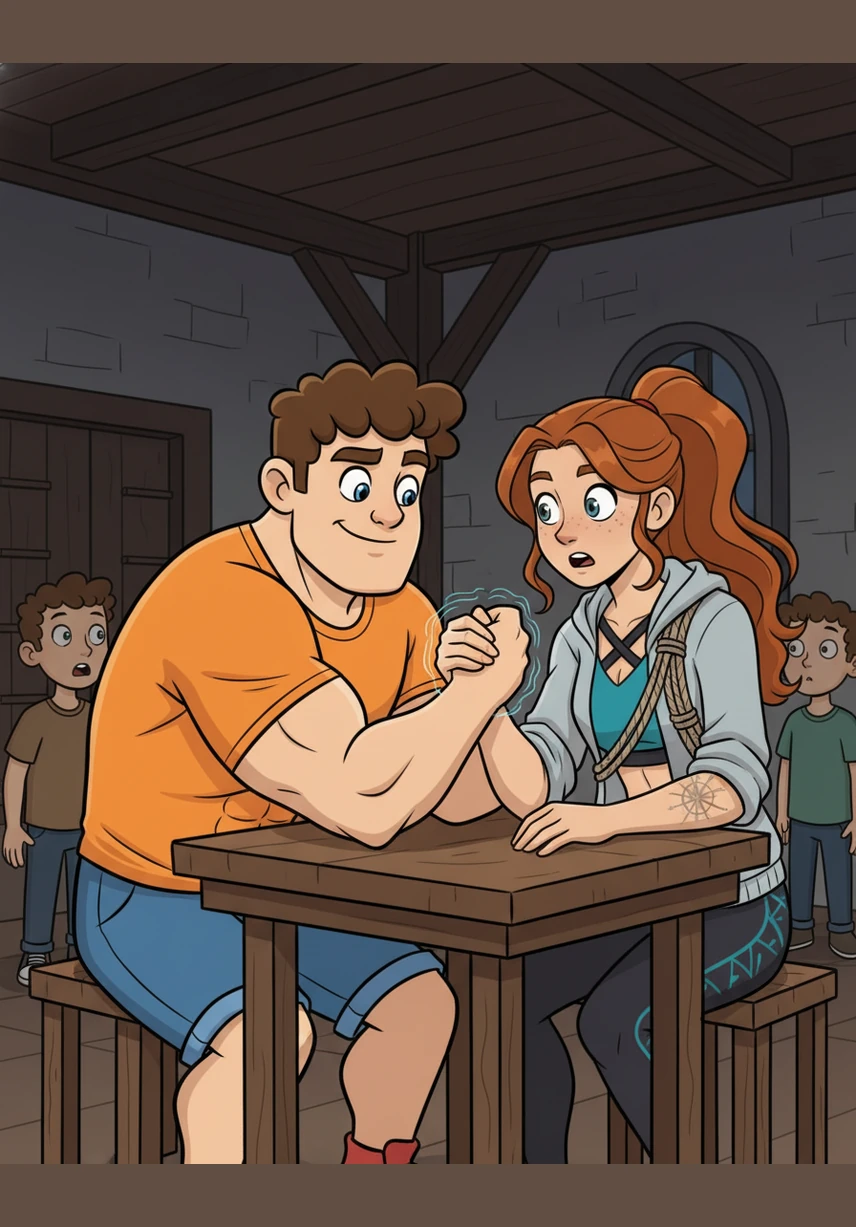 The match is over in seconds as Germain easily overpowers Marit, pinning her hand to the table with a thud. Marit is surprised by his power, but she feels a strange, tingling sensation coursing through her arm as they touch.