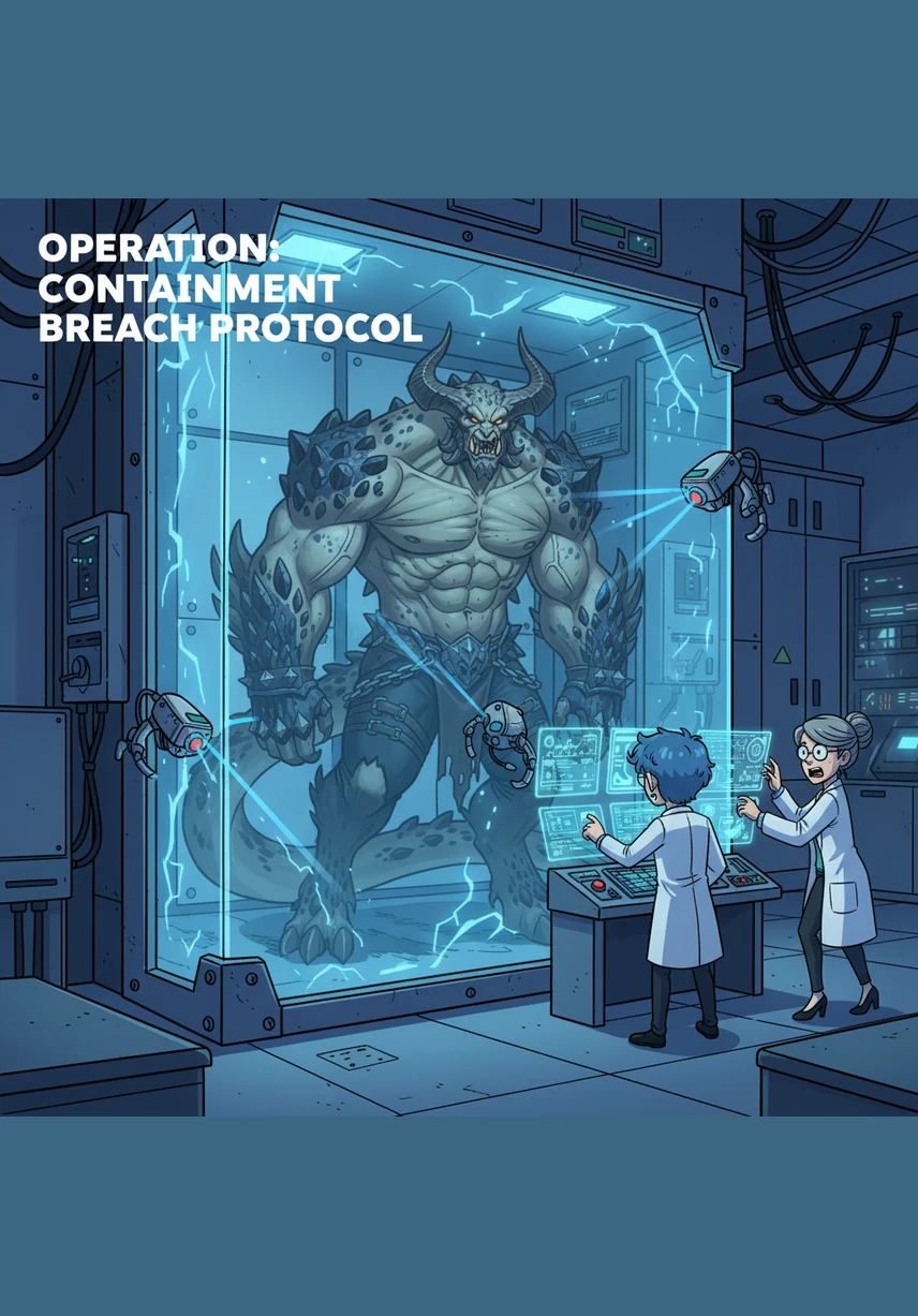 Deep within the shadows of a high-tech laboratory, Subject 001 paces his reinforced cell like a caged god. His hybrid form is a terrifying blend of human and monster, possessing strength that has ended lives with a single blow. The facility staff trembles at his name, fearing the beast that refuses to be tamed.