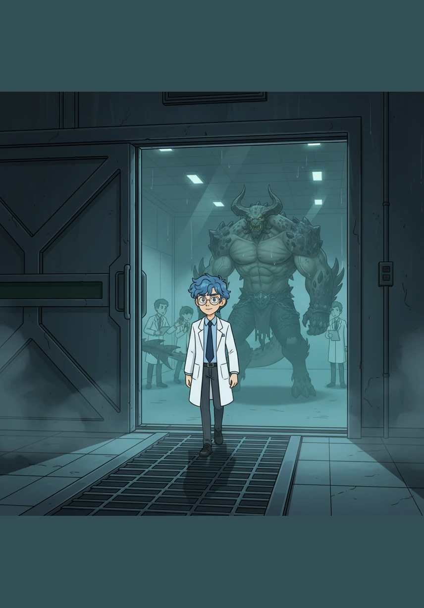 The heavy blast doors hiss open, and Rei steps into the dim, humid air of the containment zone. Behind the observation glass, scientists hold their breath, expecting a bloodbath. Rei doesn't wait for the creature to settle or for the guards to intervene; he simply walks forward.