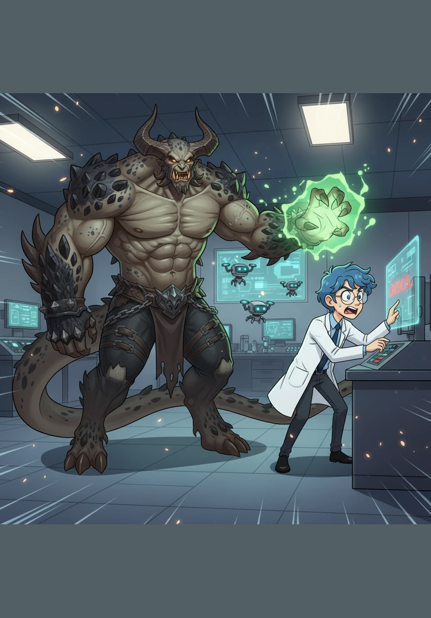 Sensing an intruder, Subject 001 lets out a guttural roar and lunges with lethal speed. His claws are inches from Rei’s throat, and the air crackles with the threat of immediate violence. The monster’s eyes glow with a feral hunger, ready to tear the newcomer apart.