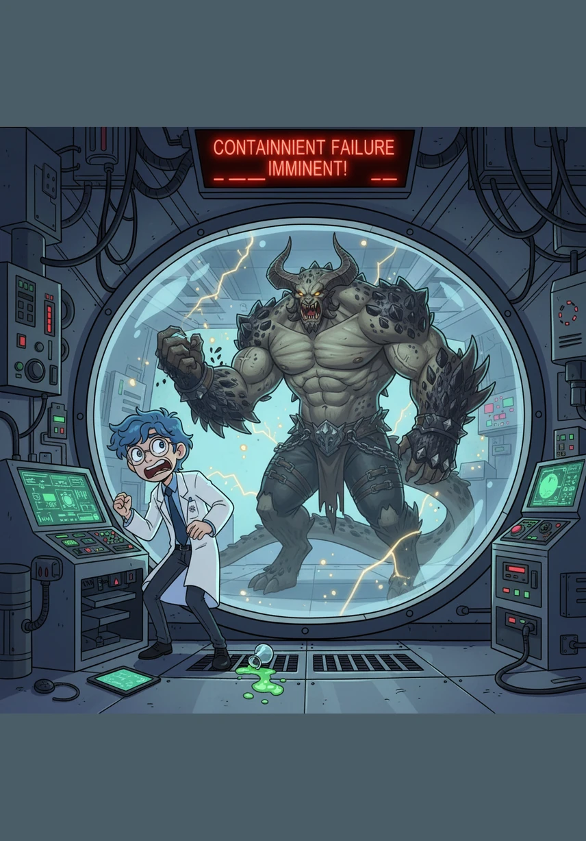 With clinical precision, Rei reaches out and administers the injection into the monster’s arm. The scientists in the control room stare in disbelief as the beast remains compliant under Rei’s unwavering gaze. The impossible task is finished in seconds, and Rei turns to leave without a word.