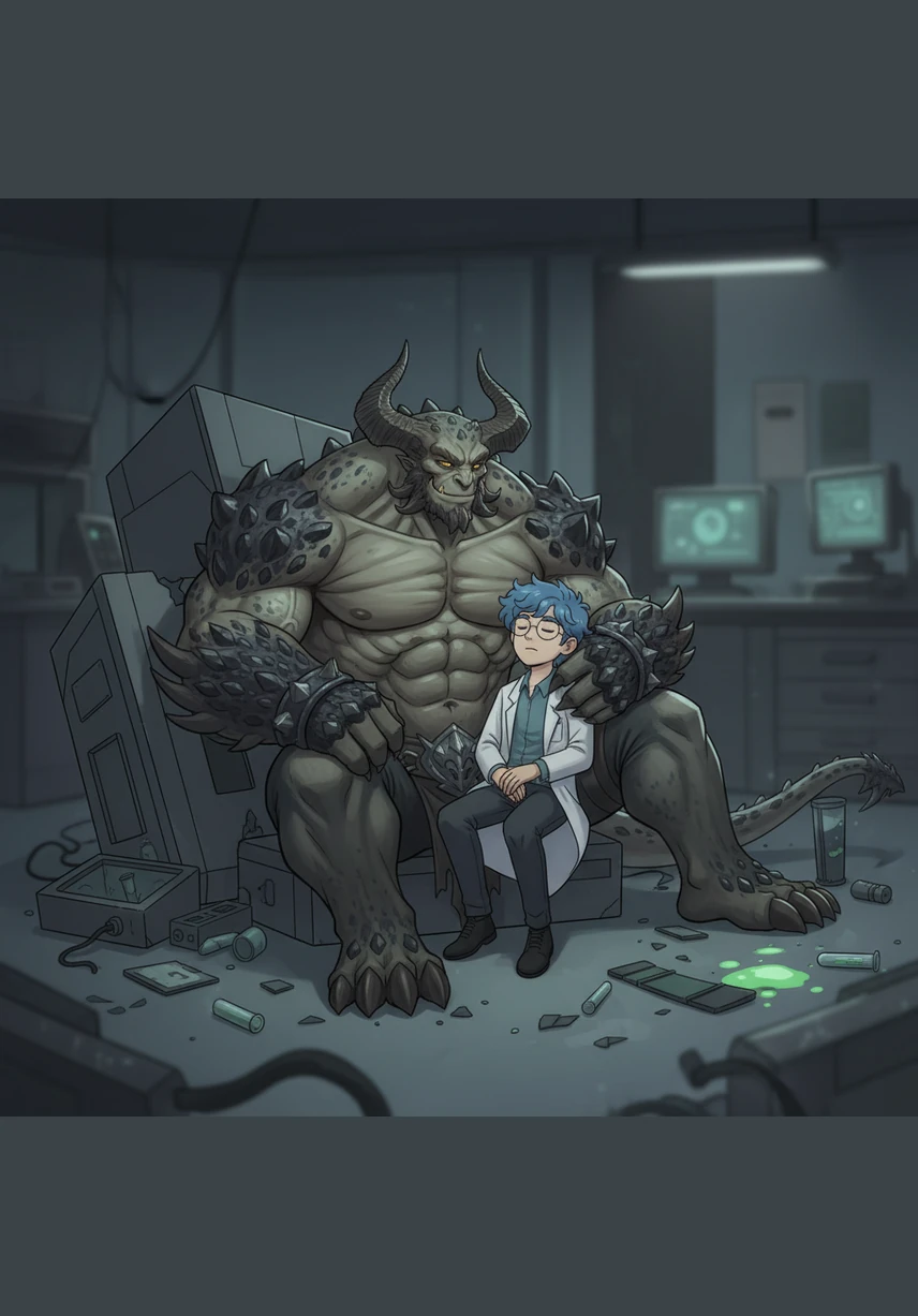 The tension drains from Rei’s body as he leans back against the monster’s broad chest, overwhelmed and exhausted. As he falls into a deep sleep in the hybrid's lap, a rare, genuine smile touches 001’s lips. The most dangerous subject in the world has finally found his peace, cradling his silent treasure in the dark.