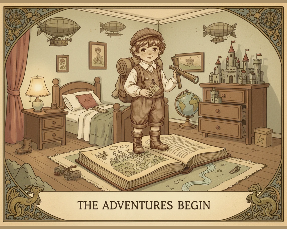 Egor is in his bedroom, which is filled with books about stars and a large cardboard box decorated with silver foil. He puts on a pair of oversized go