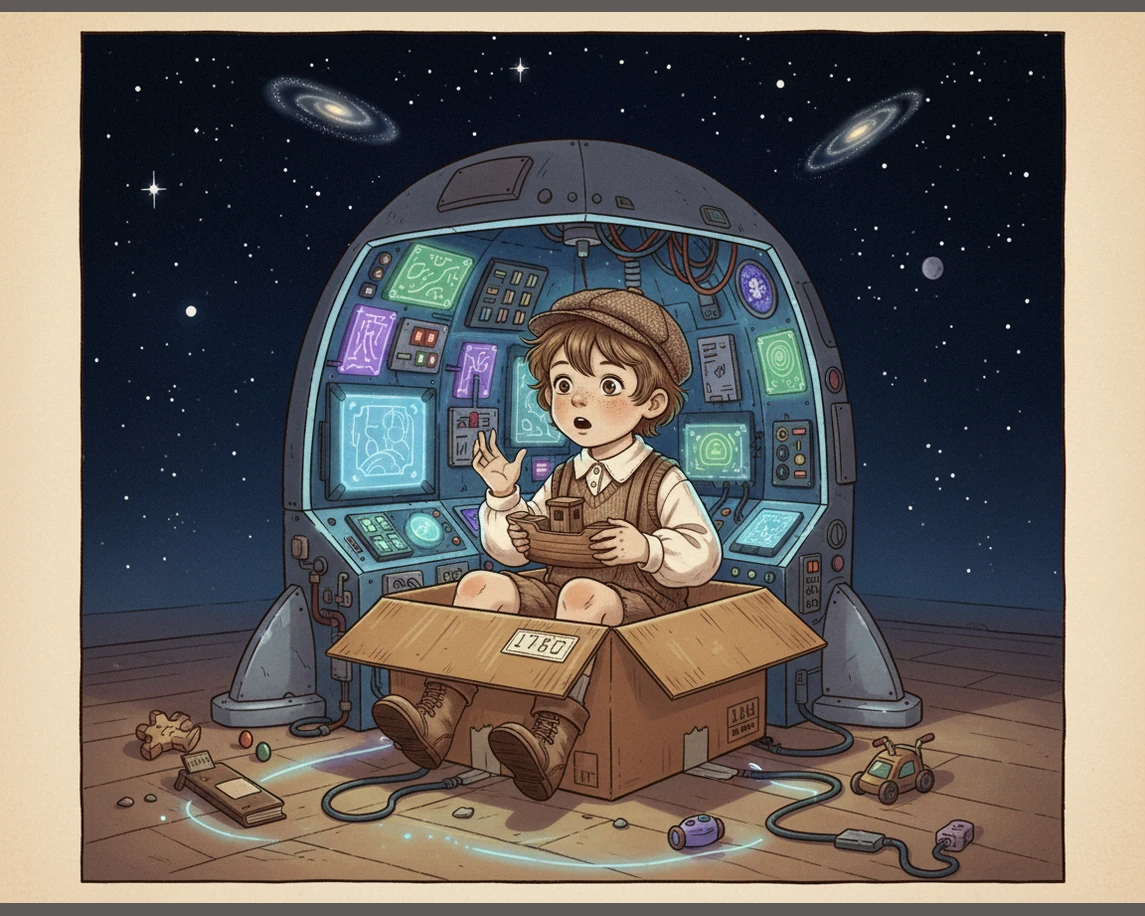 To his surprise, the cardboard box begins to hum and vibrate, suddenly transforming into a high-tech spaceship with glowing control panels. The ceilin