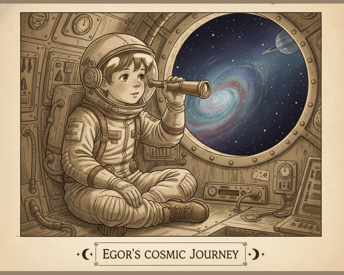 The rocket glides silently past the Moon, which glows with a soft, pearly light against the dark sky. Egor looks out the window at the dusty craters a