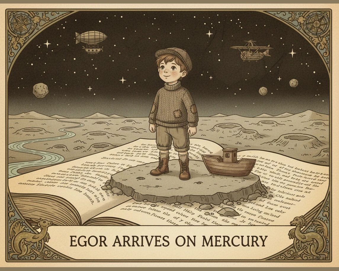 His first stop is Mercury, a small, rocky world that basks in the intense light of the nearby Sun. The spaceship’s windows tint automatically as Egor