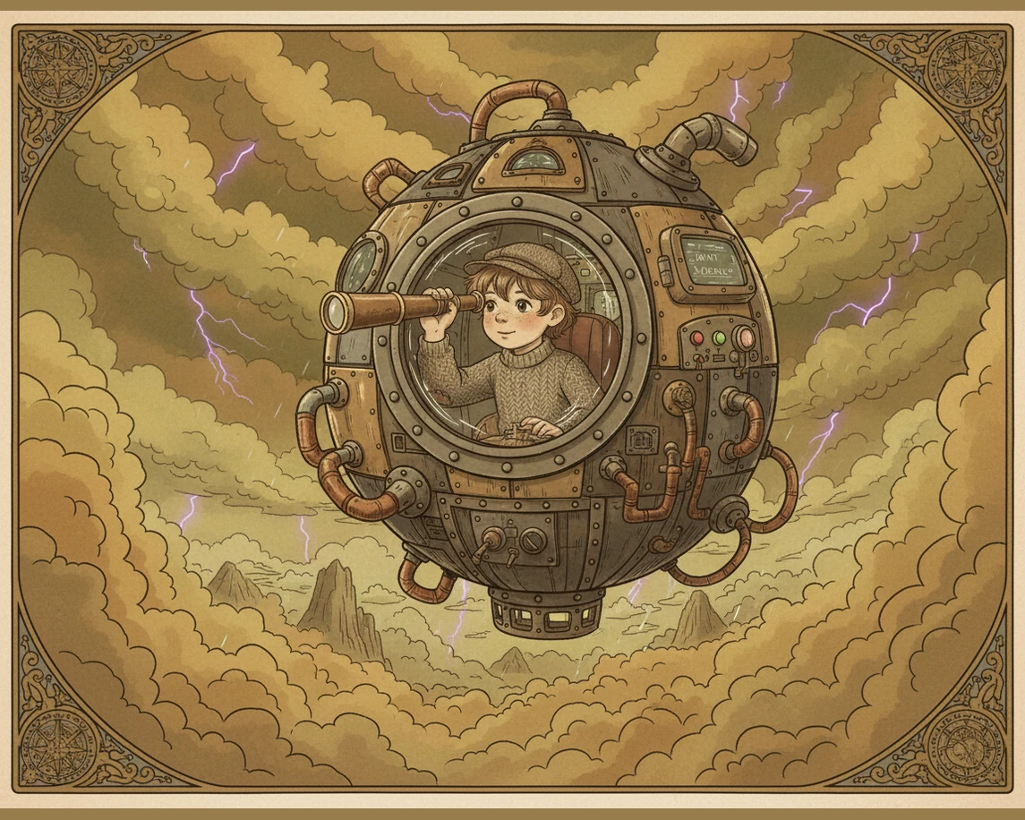 Next, he enters the thick, swirling atmosphere of Venus, where the clouds are the color of butterscotch. Through the golden haze, he sees jagged mount