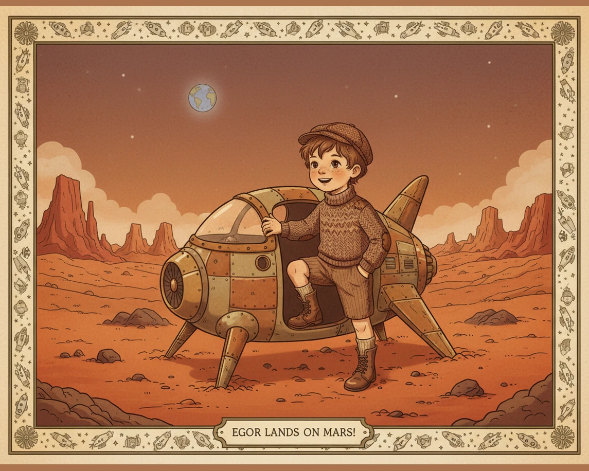 The ship touches down on the dusty plains of Mars, kicking up a cloud of fine red sand. Egor steps outside in a shimmering spacesuit to explore the ru