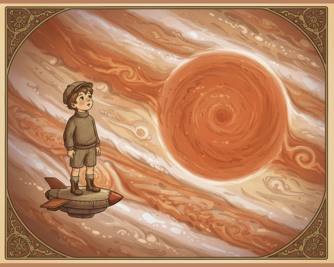 He arrives at Jupiter, the giant of the solar system, with its beautiful bands of orange, brown, and white clouds. Egor stares in amazement at the Gre