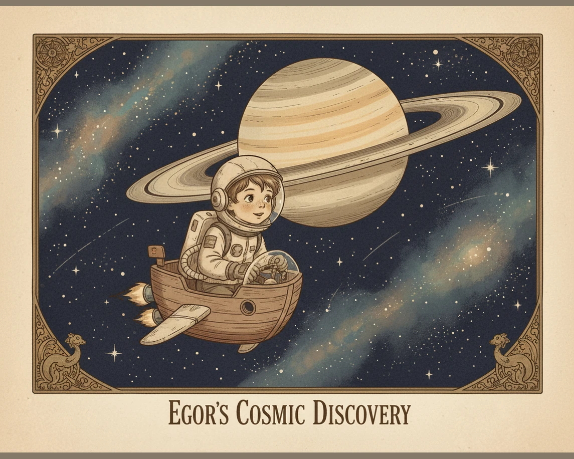 Saturn appears next, famous for its breathtaking rings that glow like a halo in the sunlight. Egor flies his ship close to the rings, seeing that they