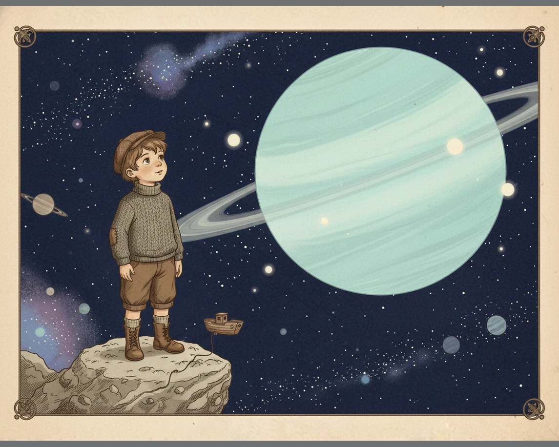 The journey continues to Uranus, a pale cyan planet that looks like a giant, smooth gemstone. It is a cold and quiet world that spins on its side, mak