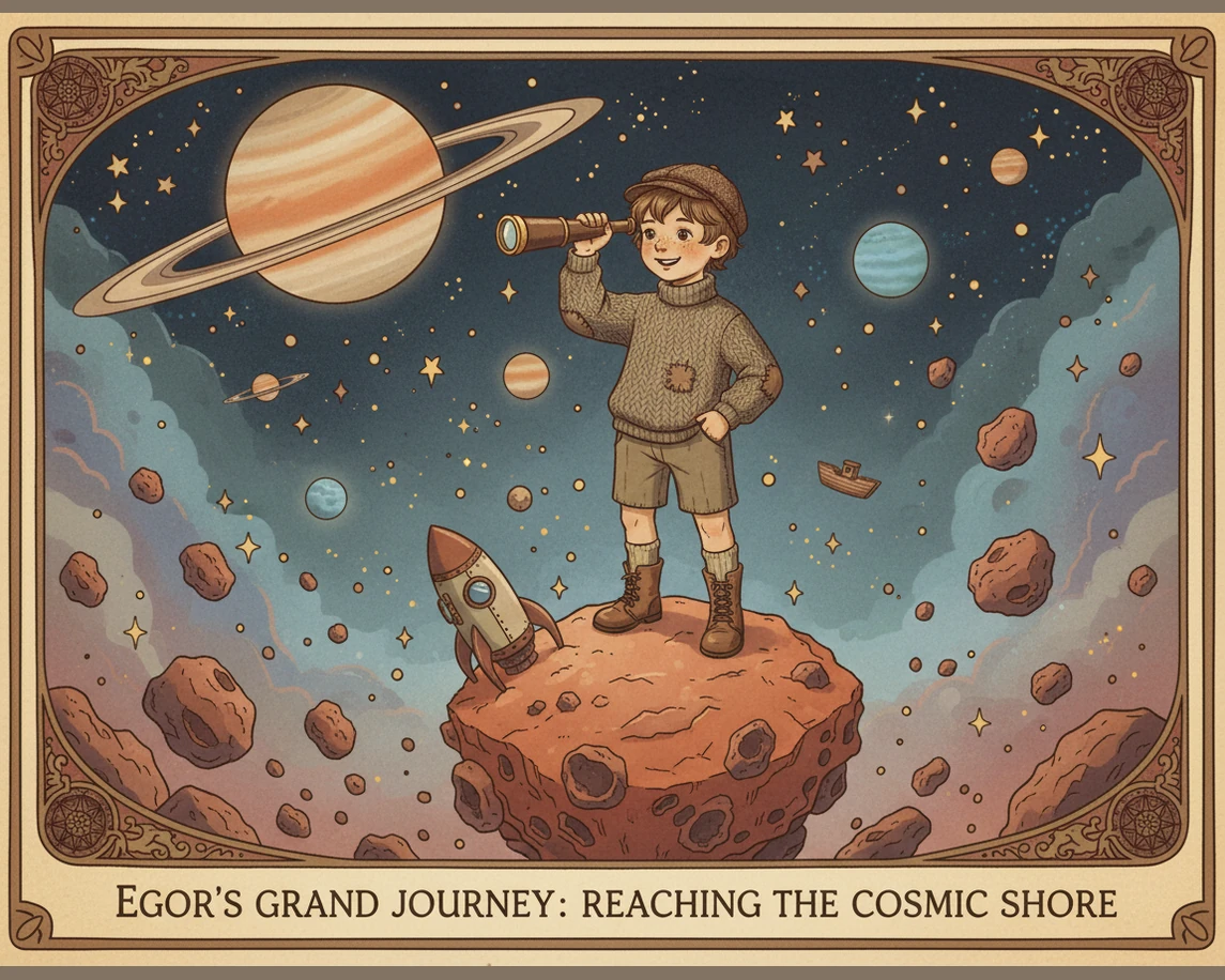 At the very edge of the solar system, he reaches Neptune, a dark blue world where the winds howl at incredible speeds. The planet looks like a deep, m