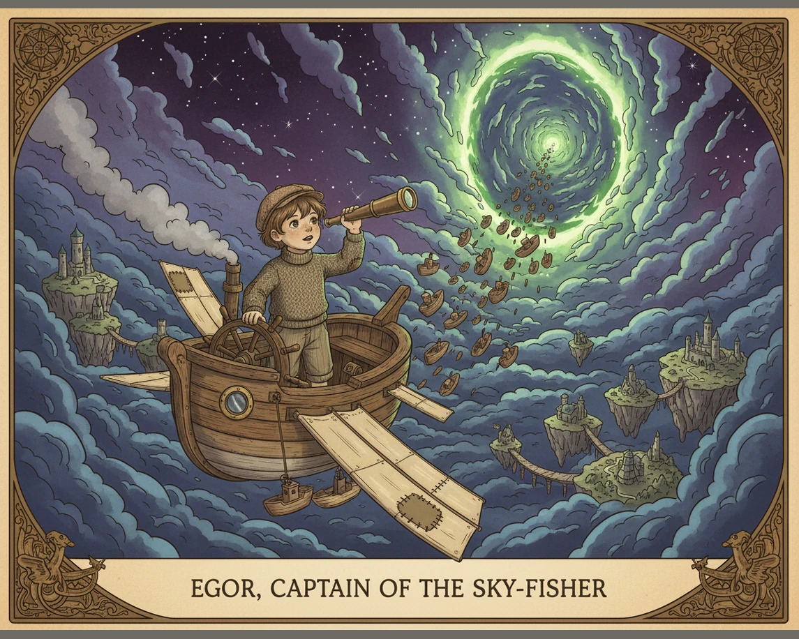 Egor steers his ship to a high vantage point to look back at the sun and all the planets he has visited. He feels a sense of wonder realizing how big