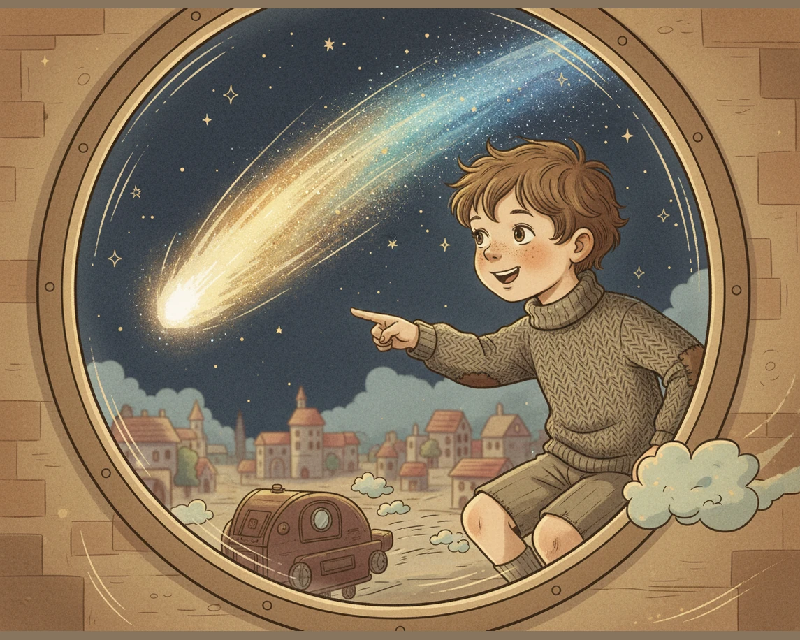 As he starts his journey home, a bright comet with a long, glowing tail streaks past his window. Egor follows its trail of stardust, feeling the thril