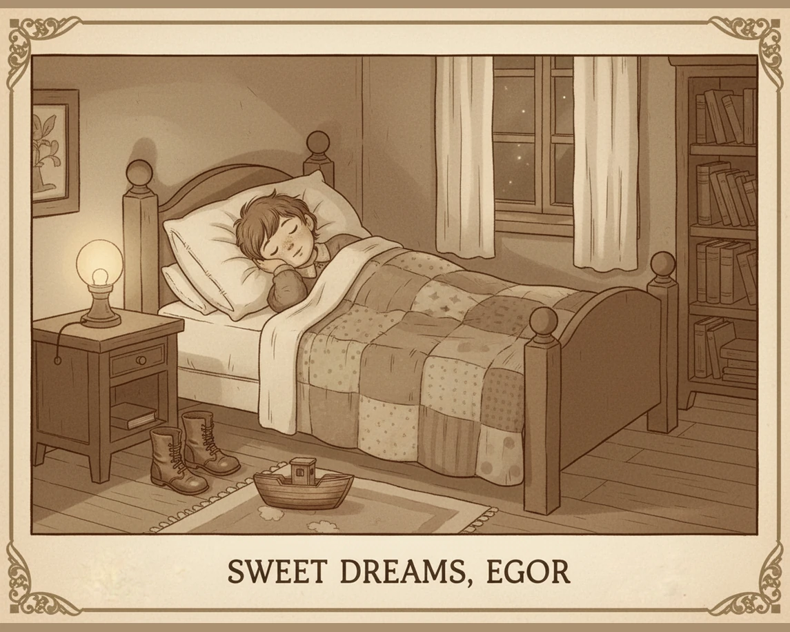 That night, Egor falls asleep in his warm bed, still clutching his toy astronaut. He knows that while he is back home, the planets are still out there