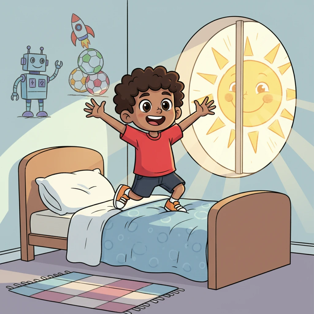 En una mañana soleada, Dieguito, un niño con una sonrisa brillante y una camiseta roja, se despierta lleno de energía. Su habitación está decorada con dibujos de robots y balones, mostrando sus grandes pasiones. Un sol gigante y feliz se asoma por la ventana, listo para un nuevo día de aventuras.