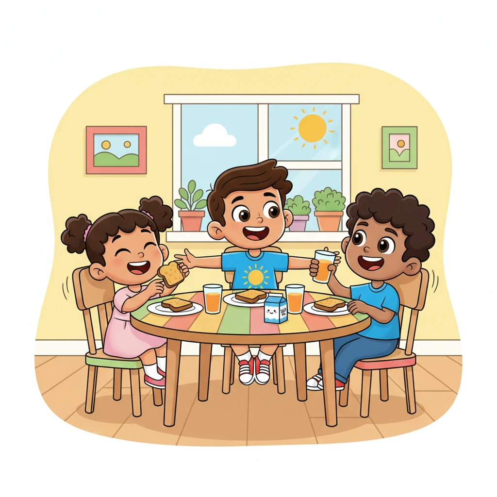 Dieguito se une a sus hermanos, Cristopher, el mayor y protector, y Allison, la pequeña y juguetona, para un desayuno animado. Están sentados en una mesa colorida, riendo mientras comparten tostadas y jugo de naranja. La cocina está llena de luz y el ambiente es de pura alegría familiar.