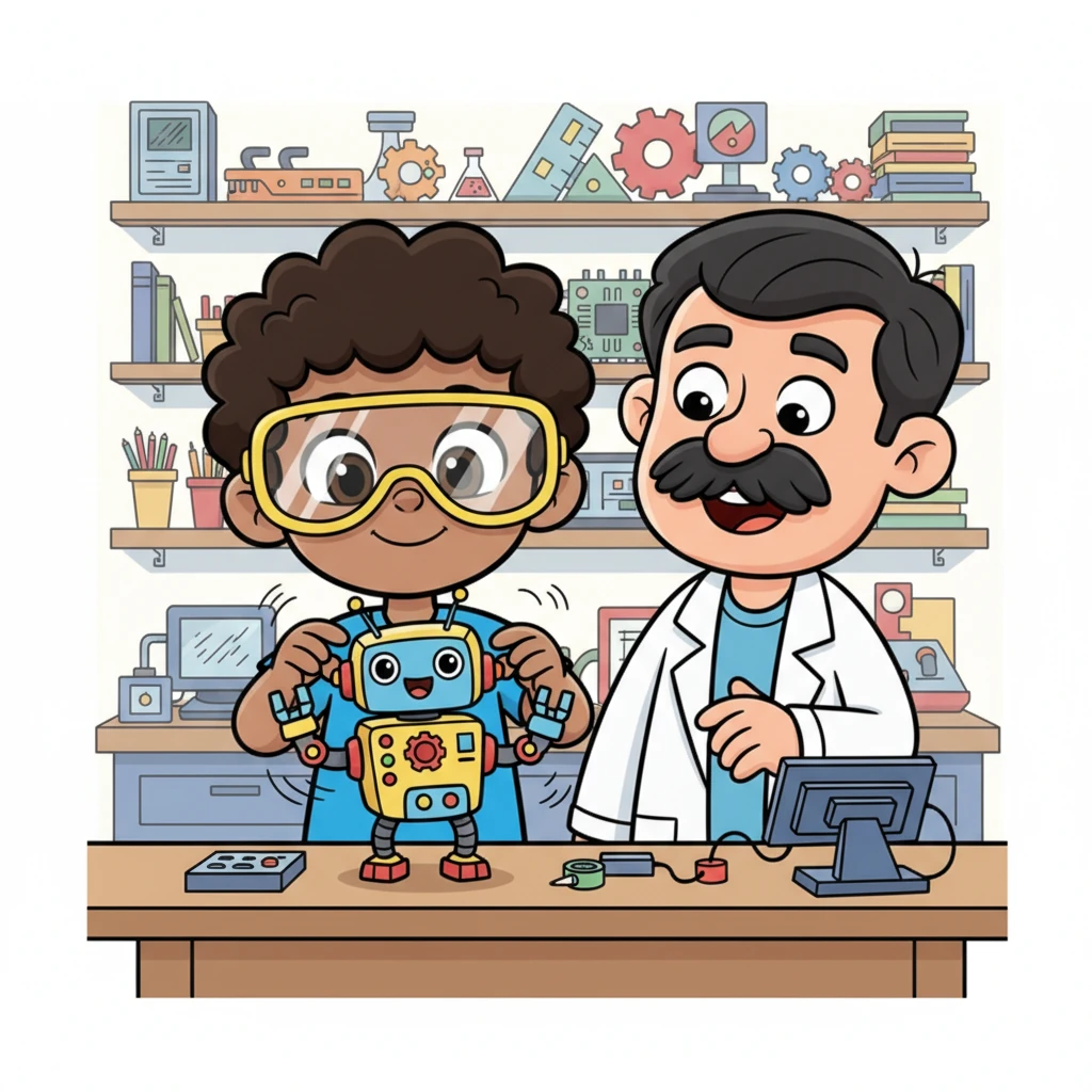 En el taller de la preparatoria, Dieguito, con sus gafas de seguridad puestas, está concentrado en un proyecto de mecatrónica. Un pequeño robot de colores brillantes cobra vida bajo sus manos, moviendo sus brazos y haciendo ruidos divertidos. El profesor, un personaje amable y caricaturesco, observa con una sonrisa de aprobación.