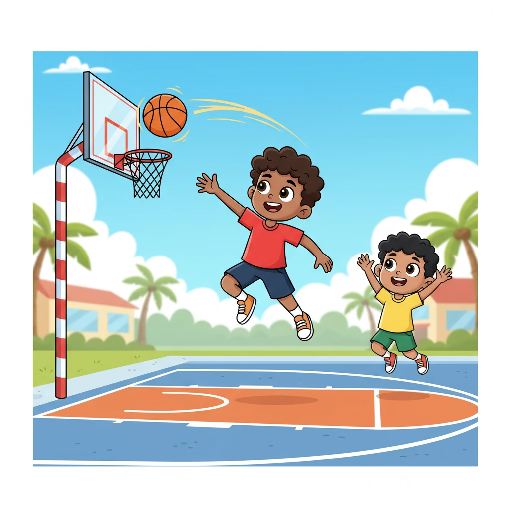 Después de clases, Dieguito salta a la cancha de baloncesto con sus amigos. Con su camiseta roja, dribla el balón con agilidad y lanza a la canasta con una pose dinámica. La pelota, con una estela de energía, parece volar hacia el aro, mientras sus amigos lo animan con entusiasmo.