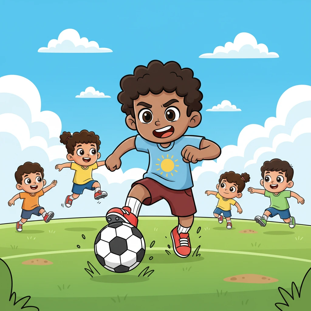 En un campo de fútbol verde y vibrante, Dieguito se lanza por el balón con sus botas rojas. Corre con una expresión de pura determinación, esquivando a otros jugadores. El cielo azul y las nubes esponjosas hacen de telón de fondo para este emocionante partido.