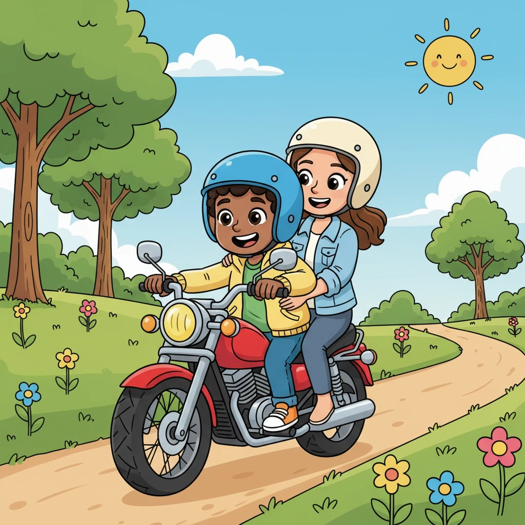 Con su casco bien ajustado y una chaqueta ligera, Dieguito, con una sonrisa de oreja a oreja, pasea en su motocicleta junto a su mamá. La motocicleta, de un llamativo color rojo, brilla bajo el sol mientras recorren un camino rural lleno de flores y árboles. Su mamá lo abraza suavemente, disfrutando del viento en sus caras.