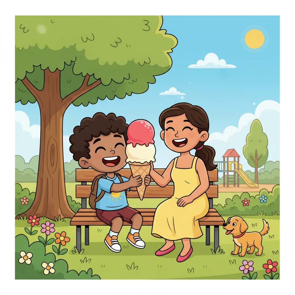 Dieguito y su mamá disfrutan de un helado gigante en un parque soleado. Él elige un helado de fresa y vainilla, representando sus colores favoritos, rojo y blanco. Se ríen juntos, compartiendo anécdotas del día, mientras un perro juguetón los observa desde la distancia.