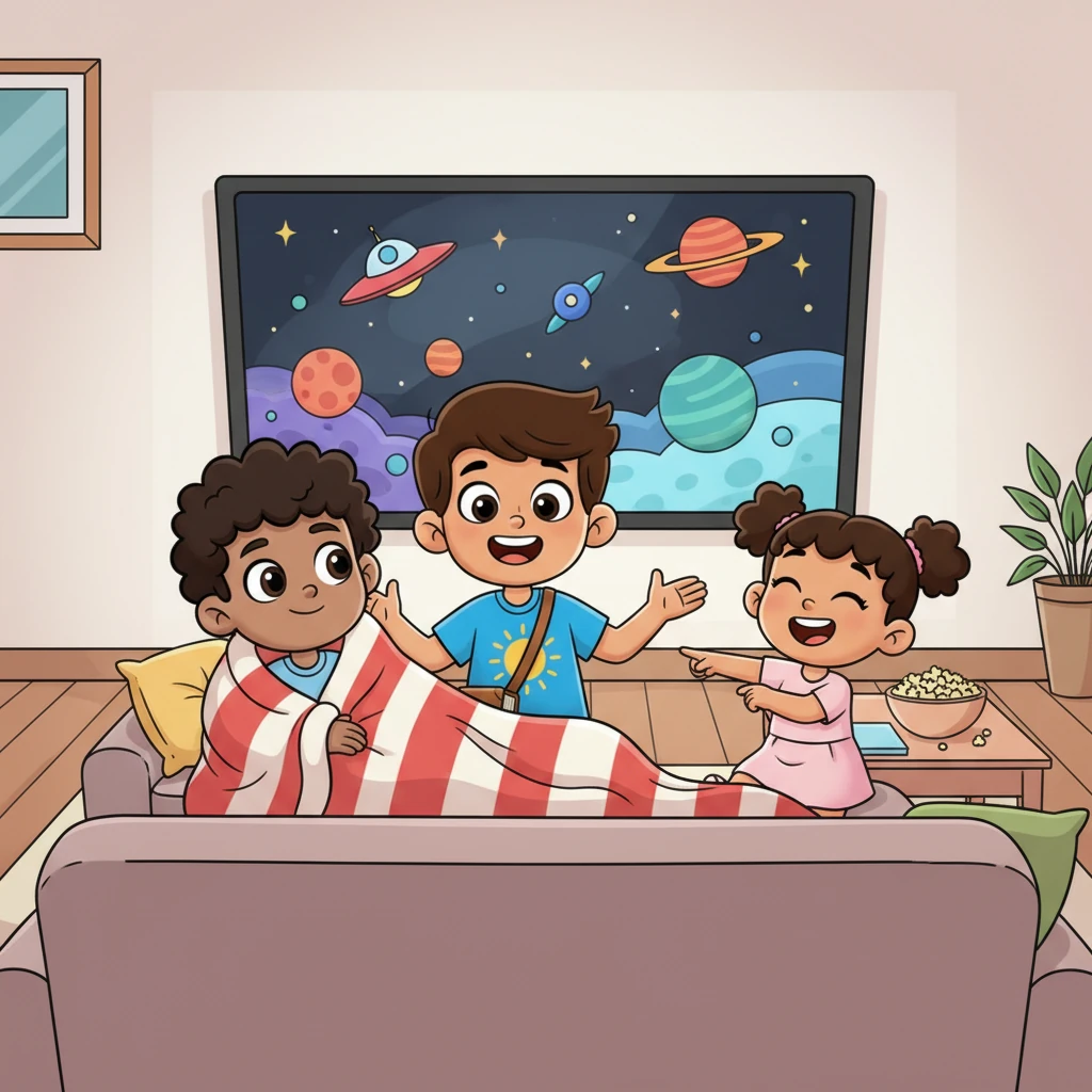 En casa, Dieguito, Cristopher y Allison se acurrucan en el sofá para ver una película. Dieguito tiene una manta roja y blanca, y Allison se ríe a carcajadas. Cristopher les cuenta una historia divertida, mientras la televisión muestra imágenes de aventuras espaciales.