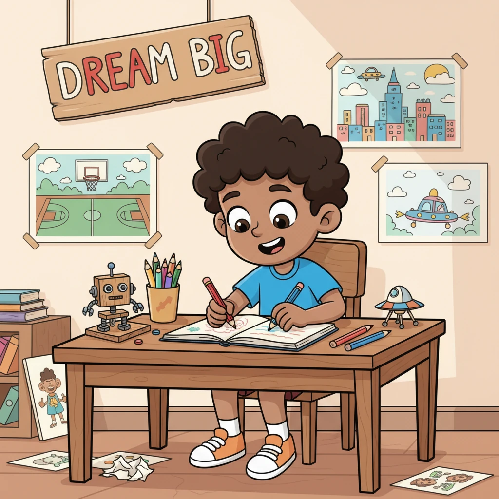 Dieguito está en su escritorio, dibujando con lápices de colores, imaginando nuevos inventos y aventuras. Su habitación está llena de sus creaciones, desde pequeños prototipos de robots hasta dibujos de canchas de baloncesto. Un letrero hecho por él dice 'Sueña en Grande' en rojo y blanco.