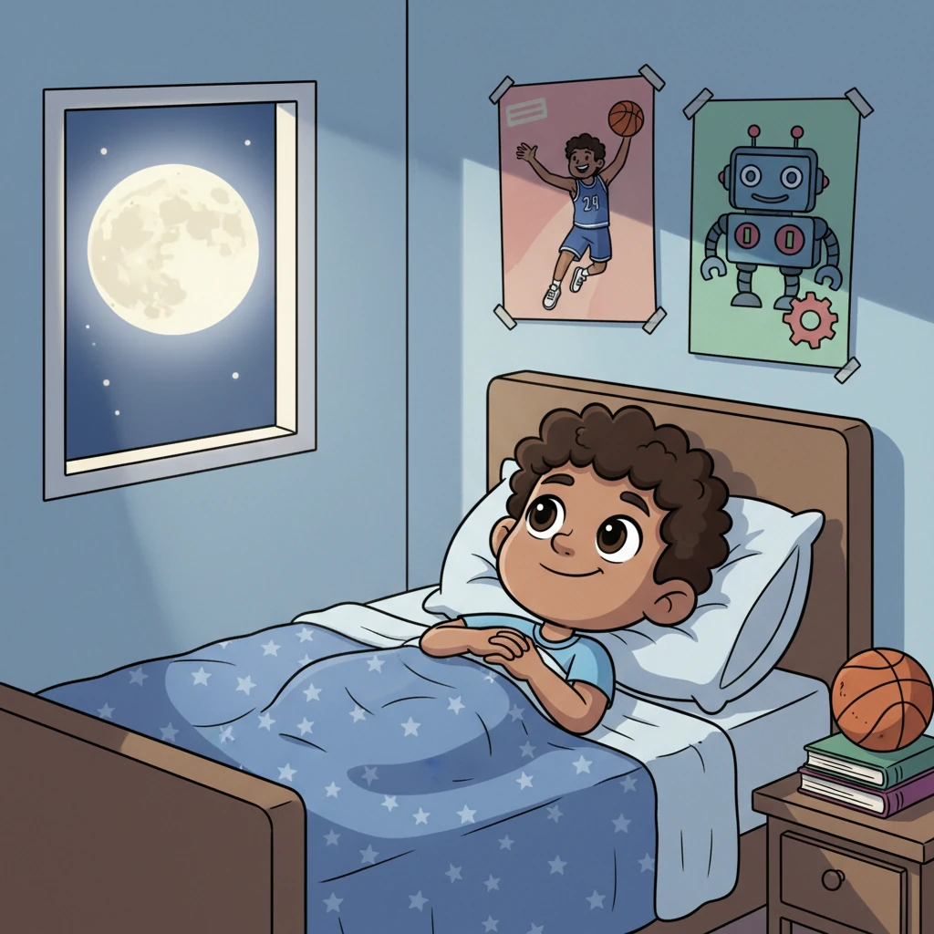 Al final del día, Dieguito se acuesta en su cama, con una sonrisa de satisfacción. La luna brilla a través de su ventana, proyectando suaves luces sobre sus carteles de baloncesto y robots. Piensa en todas las cosas maravillosas que aprendió y las aventuras que vivió, agradecido por su familia y sus pasiones.