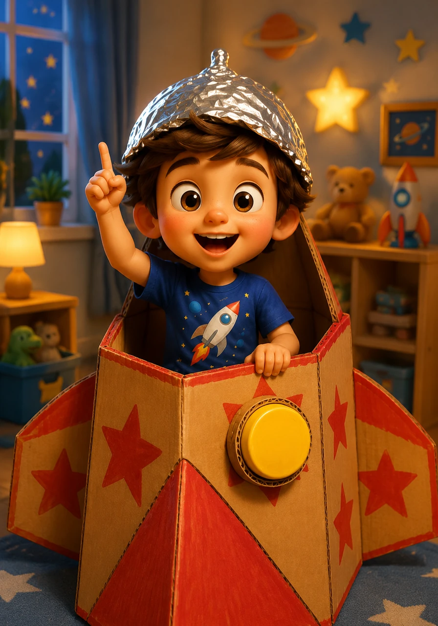 Leo sat in his bedroom, wearing a shiny silver helmet made of foil. He climbed into his cardboard box rocket, painted with bright red stars and a big yellow button. With a deep breath, he began the countdown to his greatest adventure yet.