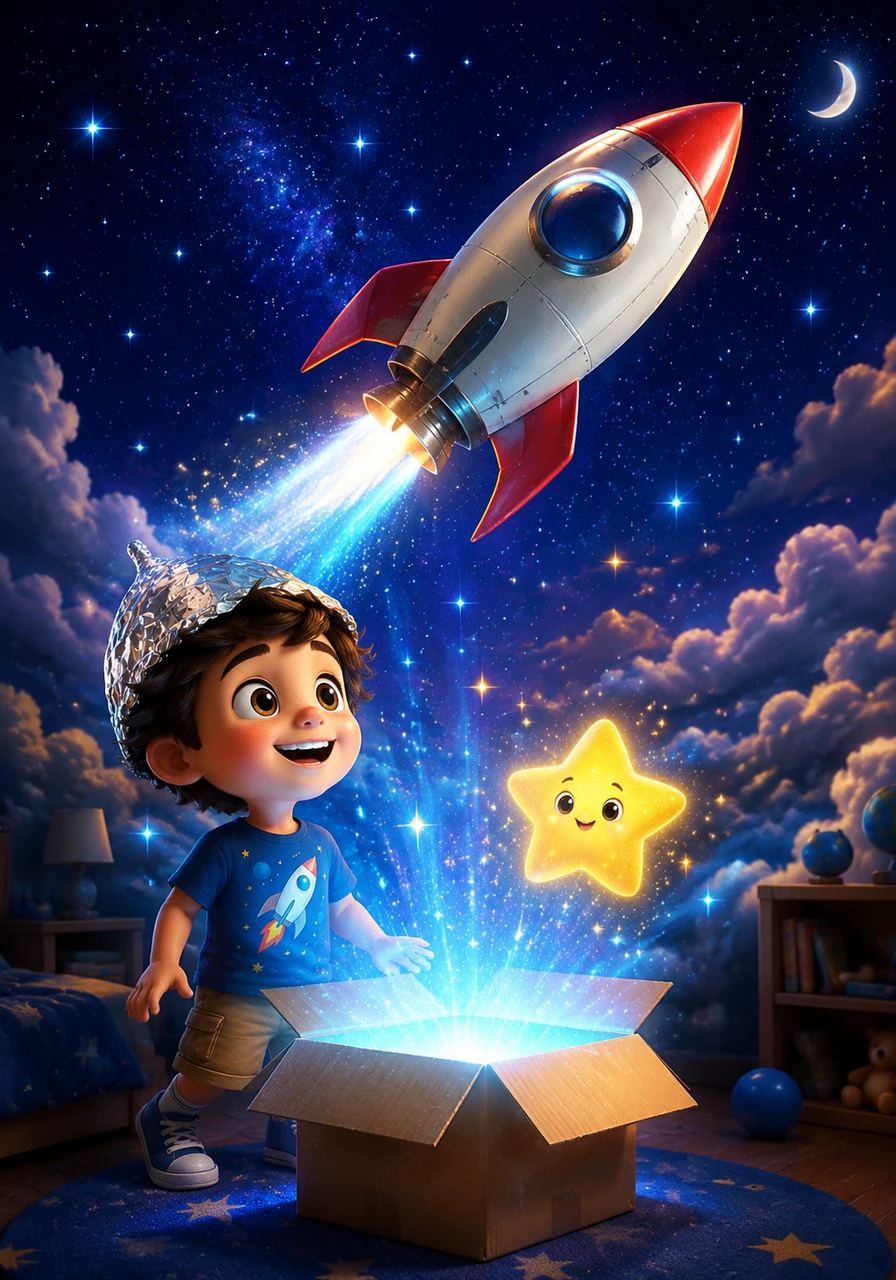 Suddenly, the cardboard box began to glow with a magical blue light. The bedroom walls faded away, replaced by the deep, sparkling velvet of the night sky. Leo’s little rocket was now a real spaceship, soaring high above the clouds.