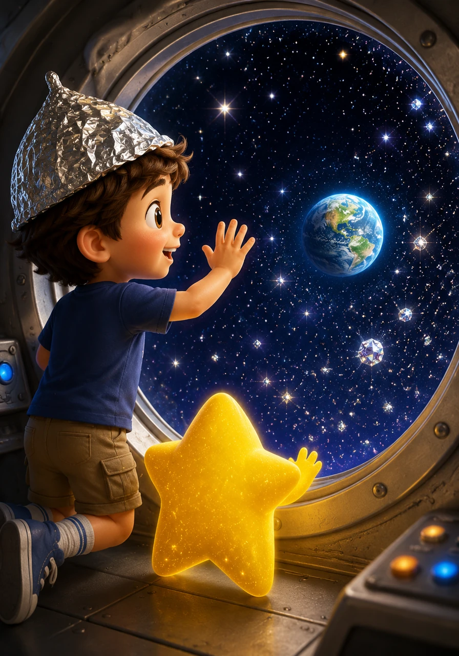 Leo looked out the round window and saw the Earth shrinking below him. It looked like a beautiful blue and green marble floating in a sea of diamonds. He felt very small but very brave as he waved goodbye to his home.