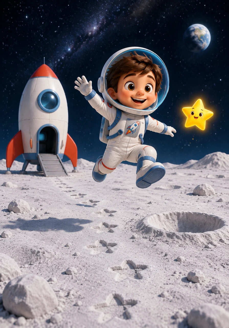 The rocket landed softly on the dusty, white surface of the Moon. Leo hopped out and found that he could jump higher than ever before, soaring over craters like a giant grasshopper. He left tiny footprints in the moon dust that looked like little stars.