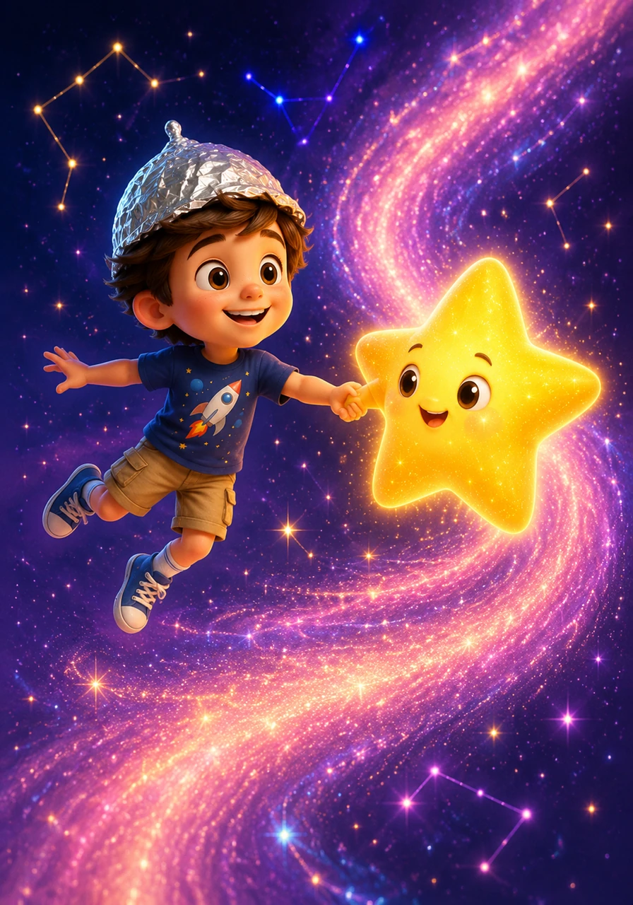 A friendly, twinkling star named Pip floated down to meet him. Pip glowed with a warm golden light and led Leo toward a swirling river of purple and pink stardust. Together, they danced through the cosmos, laughing among the constellations.