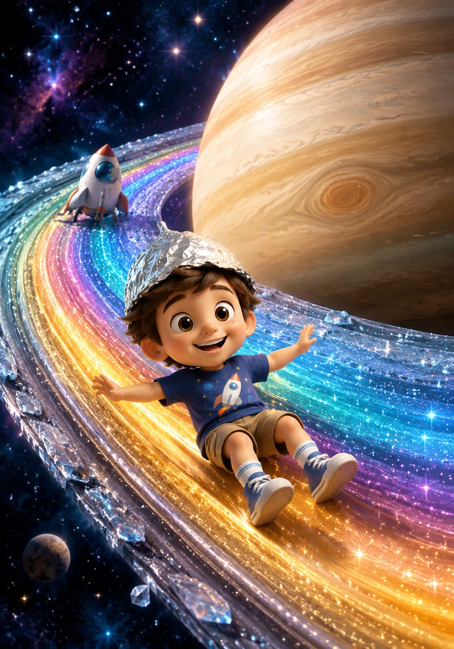 Leo steered his ship toward the magnificent rings of Saturn. He climbed out onto the icy tracks and slid down the shimmering golden rings like a giant playground slide. The rings sparkled with every color of the rainbow as he zoomed around the giant planet.