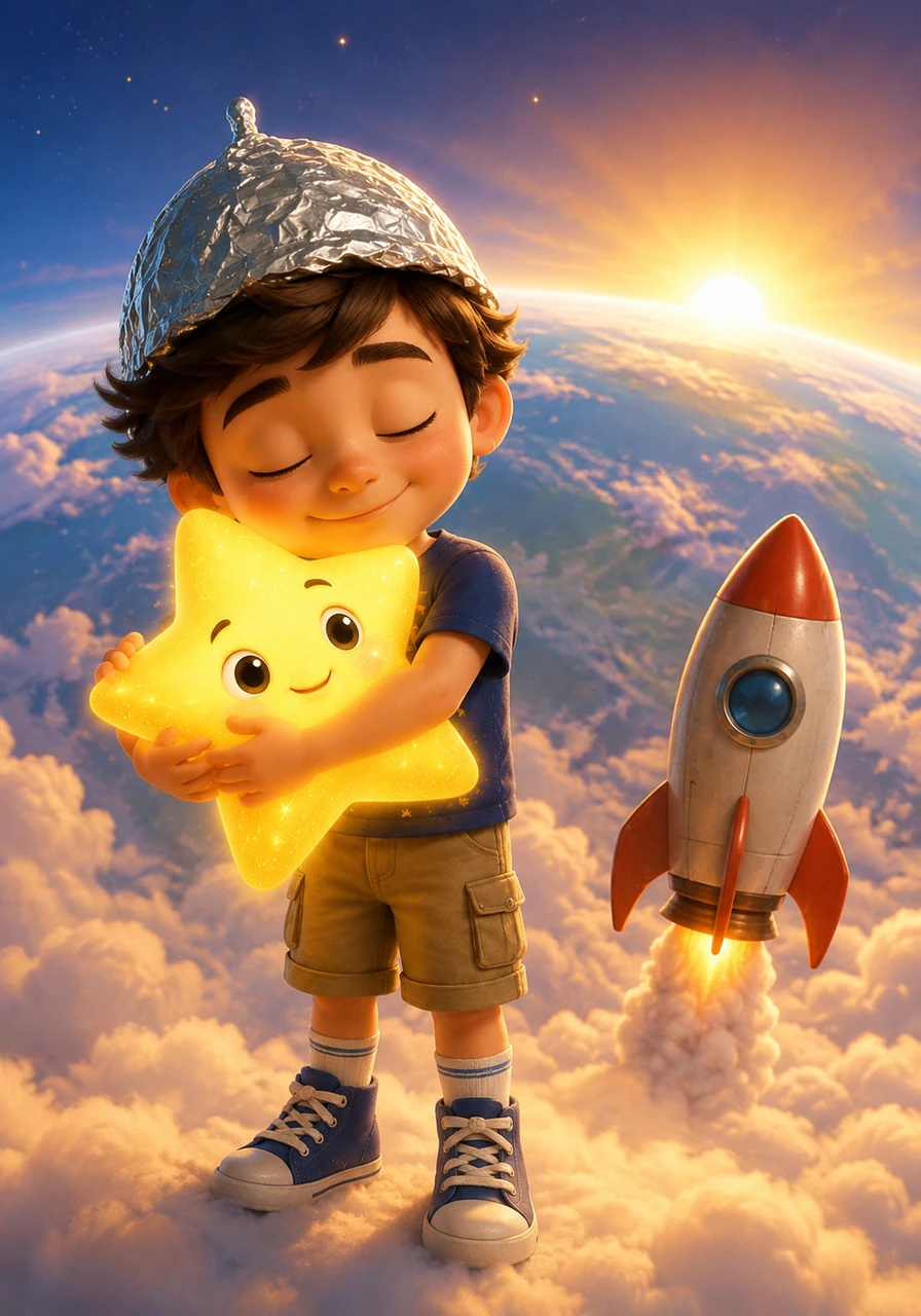 As the sun began to peek over the edge of the world, Leo knew it was time to head back. He hugged Pip the star and promised to visit again very soon. The little rocket turned around and began its gentle descent through the morning mist.
