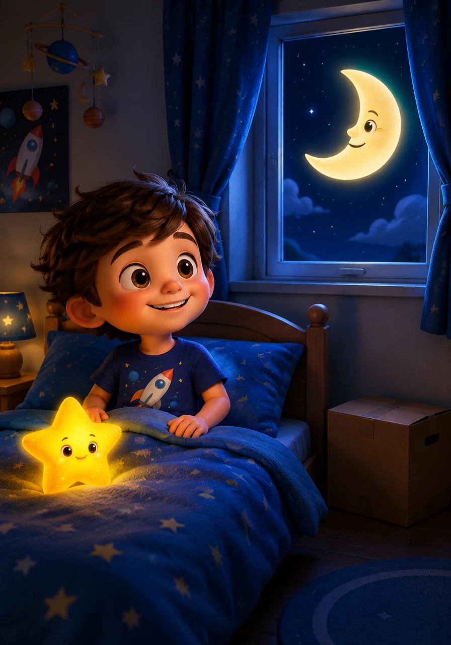Leo woke up in his own bed, the cardboard box sitting quietly in the corner of his room. The moon was still visible through his window, winking at him from the sky. He smiled, knowing that the stars would always be there to guide his dreams.