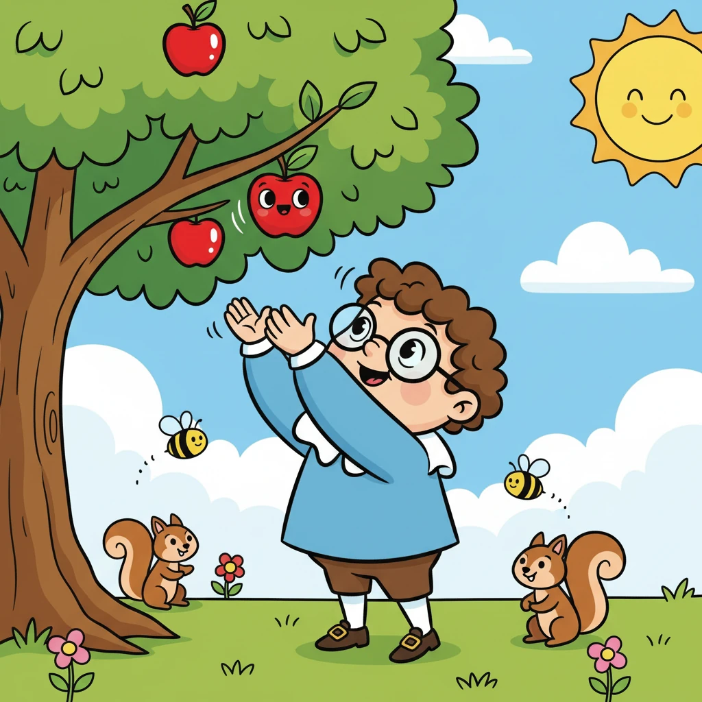 Newton, a bright red apple, hung high on a sturdy tree. He loved watching the world go by, especially the playful squirrels and the busy bees. One sunny morning, he felt a strange pull, a gentle nudge from the branch.