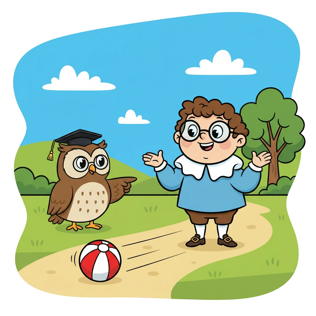 Professor Hoot showed Newton a ball. He pushed it gently, and it rolled smoothly. "Force is a push or pull," he explained, "And it causes acceleration."