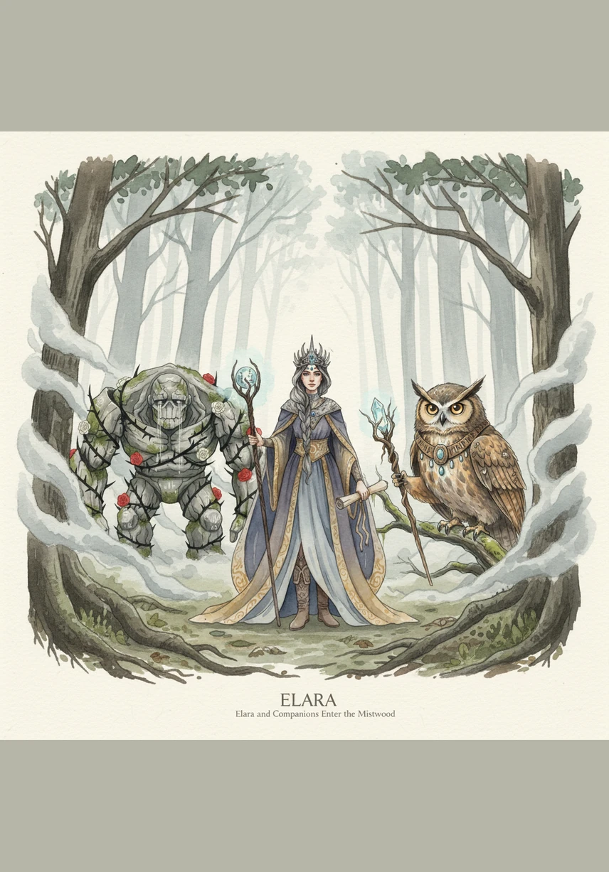Elara stands at the edge of the Mistwood, where the trees are tall and the air is thick with a grey, silent fog. She carries a lantern filled with shimmering silver thread, ready to venture into a kingdom where every inhabitant has lost a piece of themselves. The ground is covered in soft moss that muffles her footsteps as she steps into the unknown.
