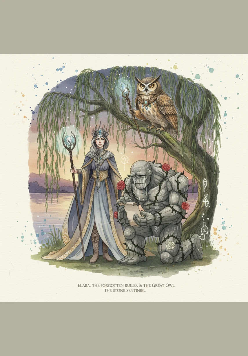 Under a weeping willow, Elara finds a Great Owl with hollow, glassy eyes sitting perfectly still on a low branch. He has forgotten how to spread his wings, staring at the sky as if it were a foreign land he had never visited. Elara reaches out, her lantern glowing brighter as she senses the fragment of a flight hidden in the mist.