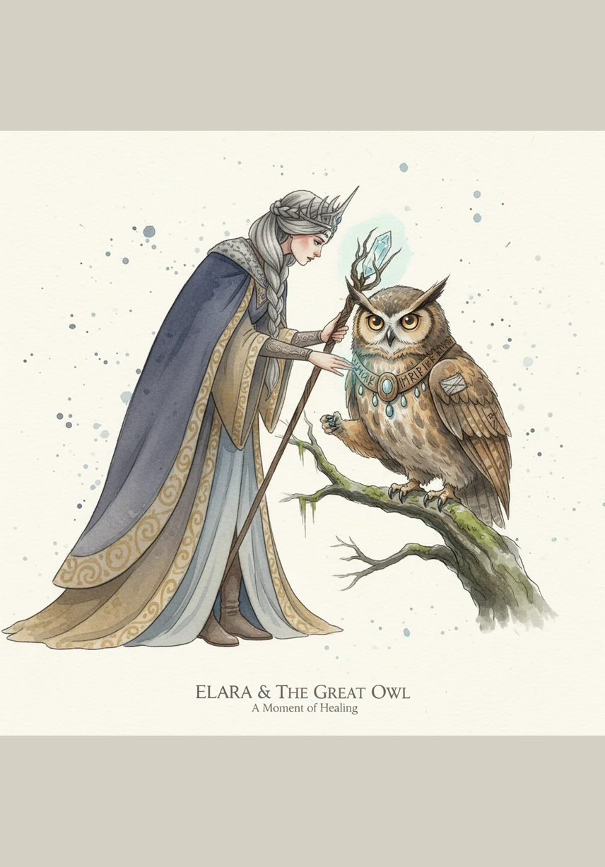 With careful fingers, Elara weaves a strand of silver light into the Owl’s tattered feathers, sparking a vision of a moonlit sky. The Owl’s eyes begin to clear as he remembers the rush of the wind against his chest and the thrill of the hunt. He lets out a soft hoot of recognition, his wings trembling with the sudden weight of his own history.