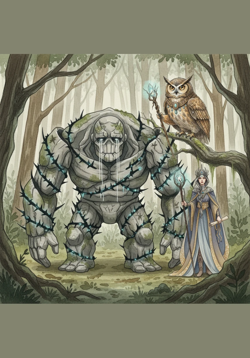 Deeper in the forest, a massive Stone Golem sits encased in sharp, black thorns that pulse with a cold energy. He weeps silent tears of dust, trapped in a cycle of grief for a tragedy he can no longer describe. The air around him feels heavy and cold, smelling of old rain and forgotten sorrows.