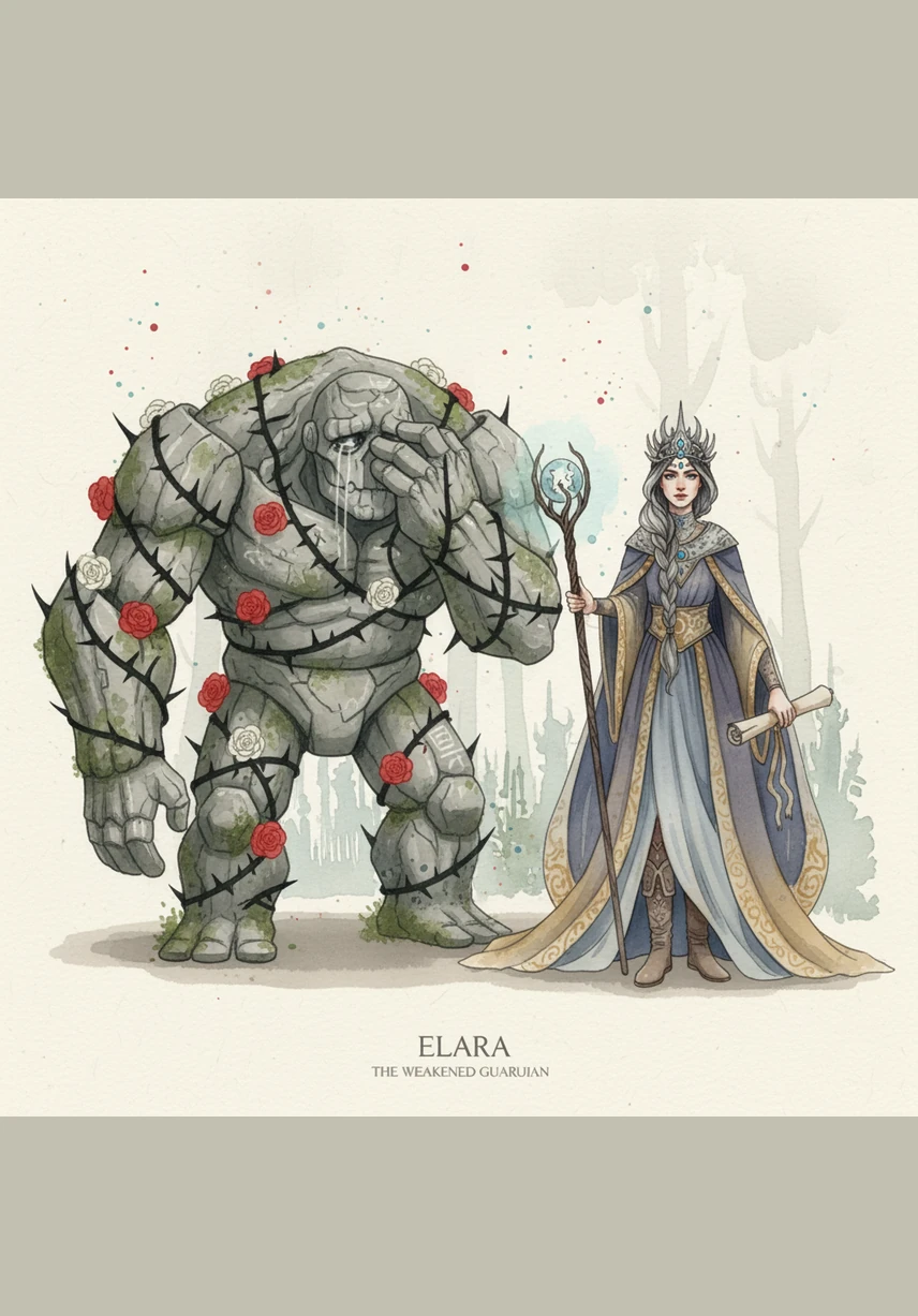 Elara kneels before the Golem and gently touches the thorns, which represent the traumatic memories he tried to bury. She whispers words of comfort and weaves a pattern of gold and silver through the spikes, transforming them into soft, blooming roses. The Golem sighs, remembering that while he lost his garden, he still carries the strength to build a new one.