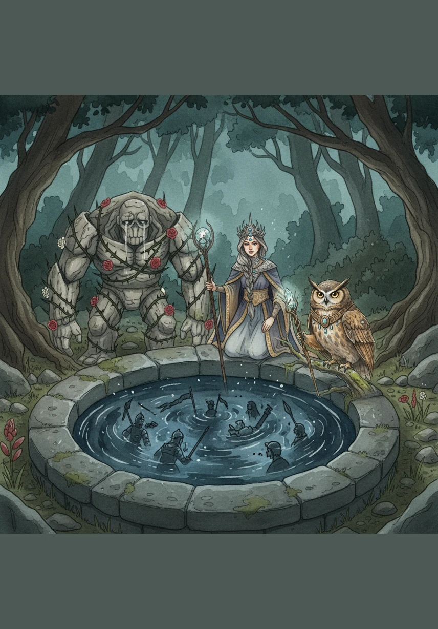 The path leads to the Echoing Well, a dark pool where the most painful memories of the kingdom are cast away and forgotten. Shadows swirl beneath the surface like ink in water, whispering fragments of old wars and broken promises. Elara looks into the depths, knowing she must face the darkness to bring back the light.