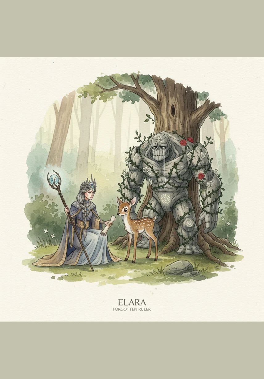 A small, timid Fawn cowers by the well, terrified of a shadow that follows her every move. Elara shows the Fawn that the shadow is not a monster, but a memory of a great storm she once survived. By weaving the shadow into a cloak of soft grey wool, Elara helps the Fawn see her own resilience instead of her fear.