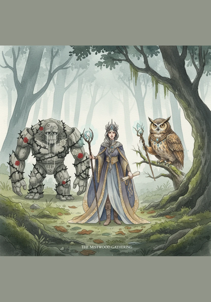 As the tapestry grows, the creatures of the Mistwood begin to talk to one another, sharing the fragments Elara has recovered. The grey mist starts to dissolve, replaced by the vibrant greens of the leaves and the golden warmth of the setting sun. They realize that their memories, even the sad ones, are the bridges that connect them to each other.