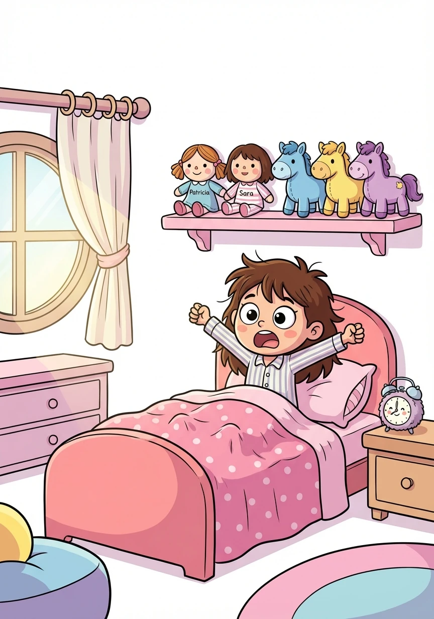 Sara budzi się rano w swoim różowym pokoju. Na półce czekają na nią lalki Patrycja i Sara oraz pluszowe koniki.